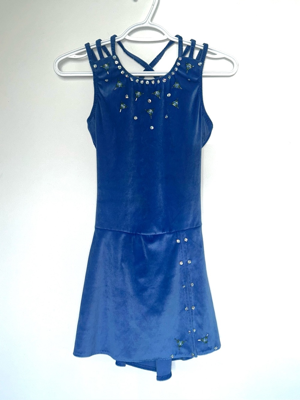 Blue Velvet Figure Skating Dress with Floral Embroidery & Sequins Size XS